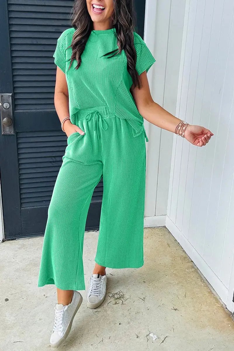 Bright Green Solid Corded Knit Short Sleeve T Shirt Set - Love Salve